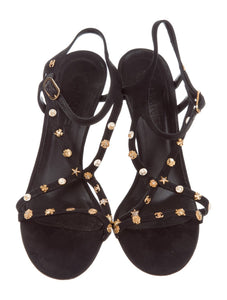 Chanel Charm Logo Black Grosgrain Strap Sandal Icon Heels EU 39.5 US 8.5/9