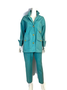 92P, 1992 Spring Chanel Green Denim 2 piece Jacket Pant Suit Oversized FR 34 US 4/6/8