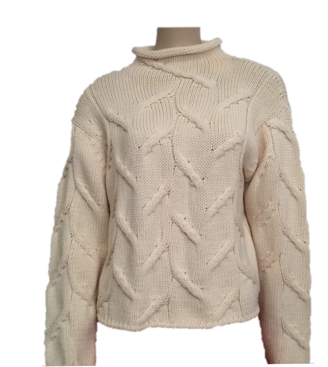 Vintage Chanel 99A, 1999 Fall winter white Ivory Ecru Cable Knit Wool Sweater FR 40 US 6/8