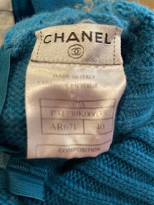 Chanel 07A 2007 Fall Short Sleeve Turquoise Pullover Turtleneck Sweater Top Blouse FR 40 US 6/8