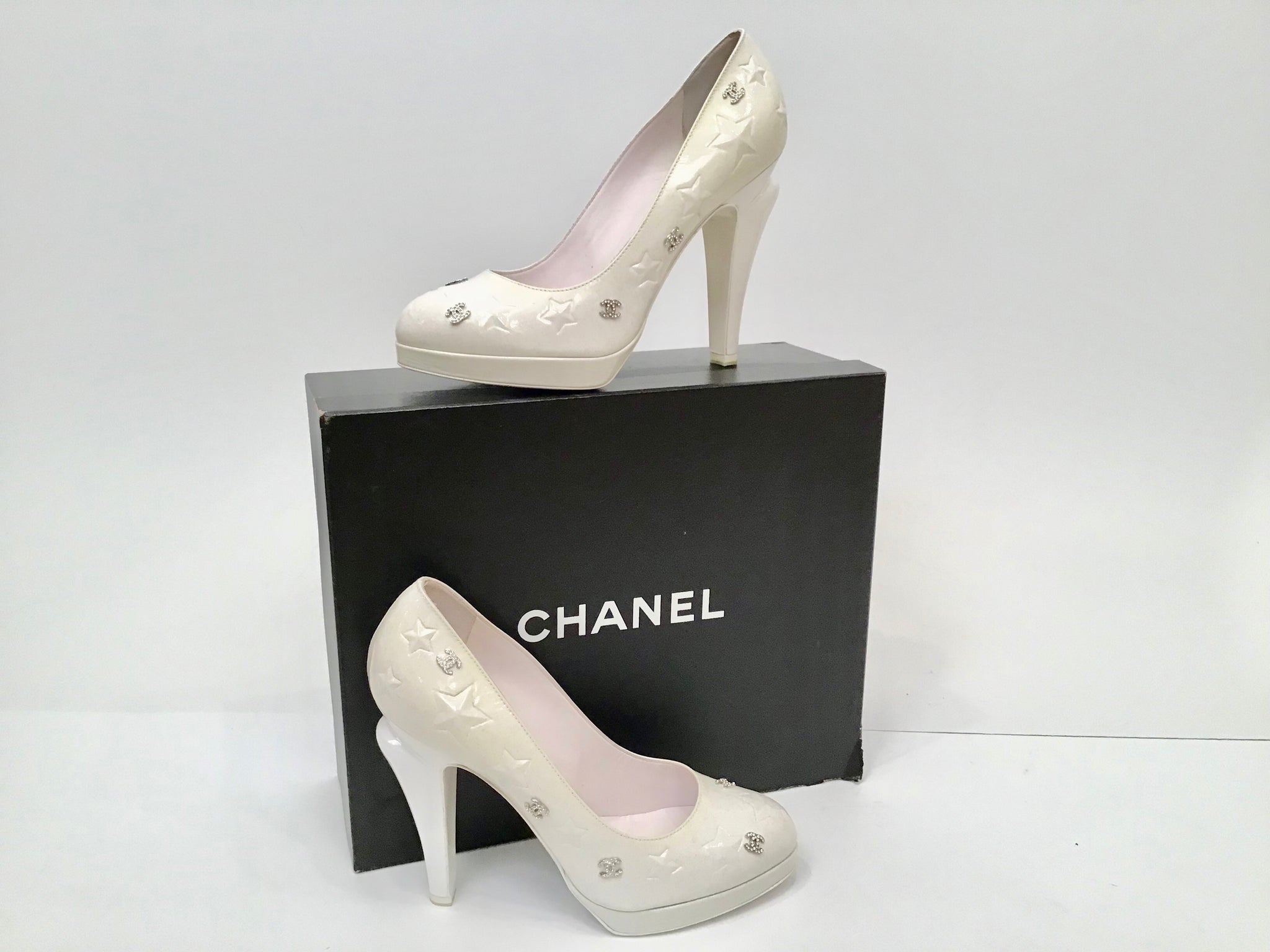 CHANEL, Shoes, Authentic Chanel Gold Crystal Sandals Cc Lucite Pvc Heels  Shoes Size 38 Wedding