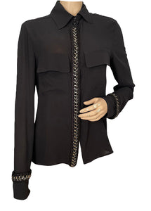 Chanel 11A, 2011 Fall black Blouse top w chain tweed trim FR 42 US 8