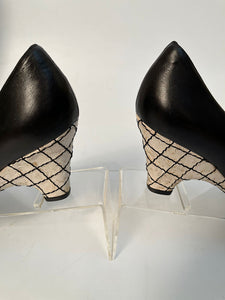 Chanel 14C 2014 Cruise Resort black leather camellia cork heel wedges EU 38C US 7.5B/8