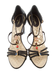 Chanel Black Stone CC logo Gripoix Sandal Heels EU 39.5 US