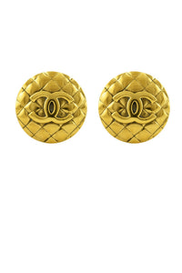 Chanel vintage quilted clip on CC gold plated metal round oversized earrings