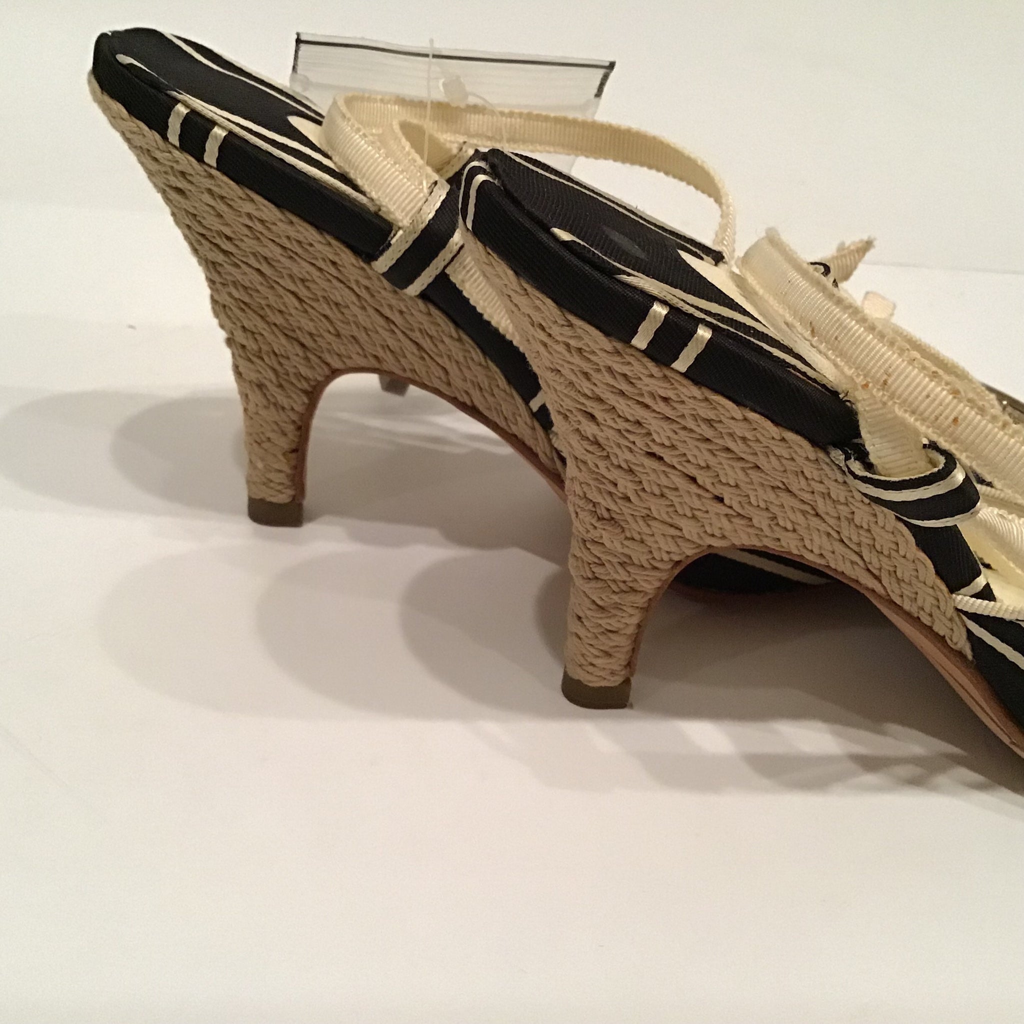 Chanel Vintage Canvas Wedge Heels Black Ecru Ivory bow strap sandals E –  HelensChanel