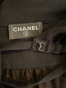 Chanel 2004 Cruise 04C Black Silk Chiffon Short Sleeve Sheer Drawstring Blouse Top FR 36 US 2/4