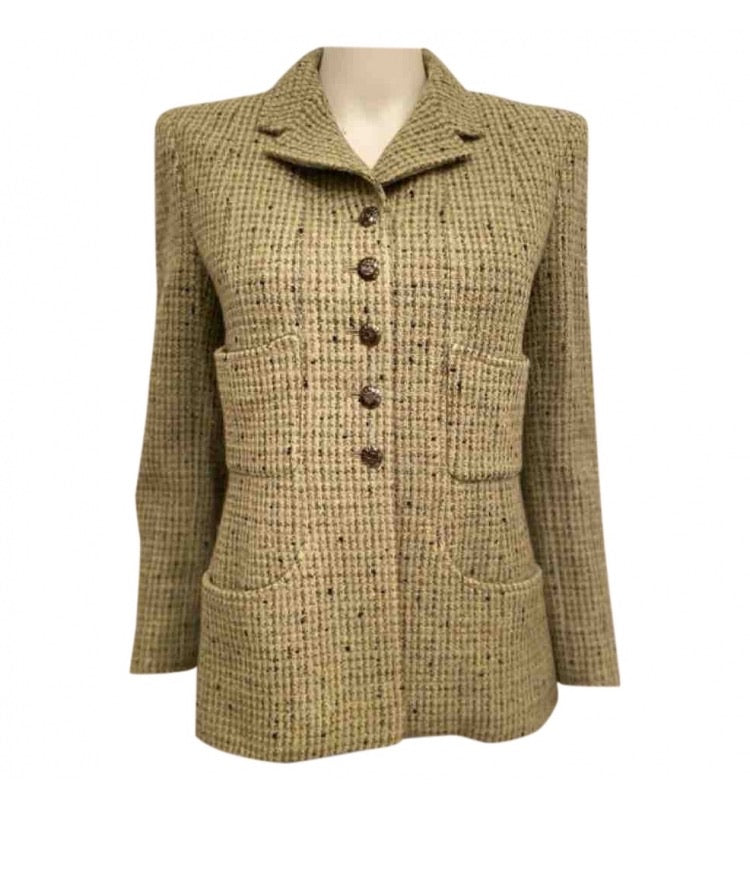 CHANEL 97A Vintage Excellent Olive Brown Wool Leather Trim Jacket Top 40 42