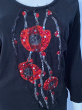 Load image into Gallery viewer, Chanel 07A Black Red Cashmere Pullover Sweater  with appliqué geometric flowers with sequins, pearls FR 40