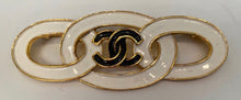 Load image into Gallery viewer, 93C Vintage Chanel white black gold CC ceramic enamel pin brooch