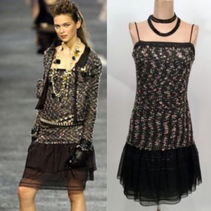 Vintage Chanel 04A, 2004 Fall Tweed Black multicolor Mini spaghetti strap Dress FR 36 US 4/6