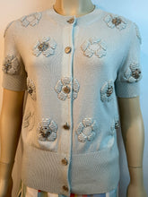 Load image into Gallery viewer, Chanel 17P 2017 Spring Pastel Sea foam Blue Short Sleeved Cashmere Cardigan Sweater Top Metal Lions Heads Blouse FR 36 US 4/6