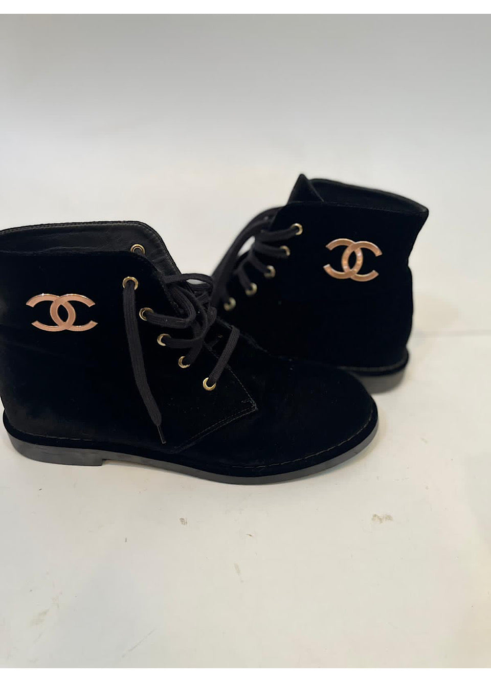 Chanel Black Suede And Leather Combat Lace Up Boots Size 38 Chanel