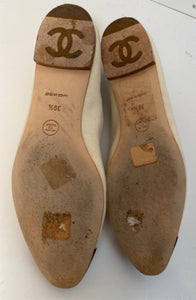 Chanel Ballerina Flats Ivory and Black Canvas CC Shoes EU 39.5 US 8.5