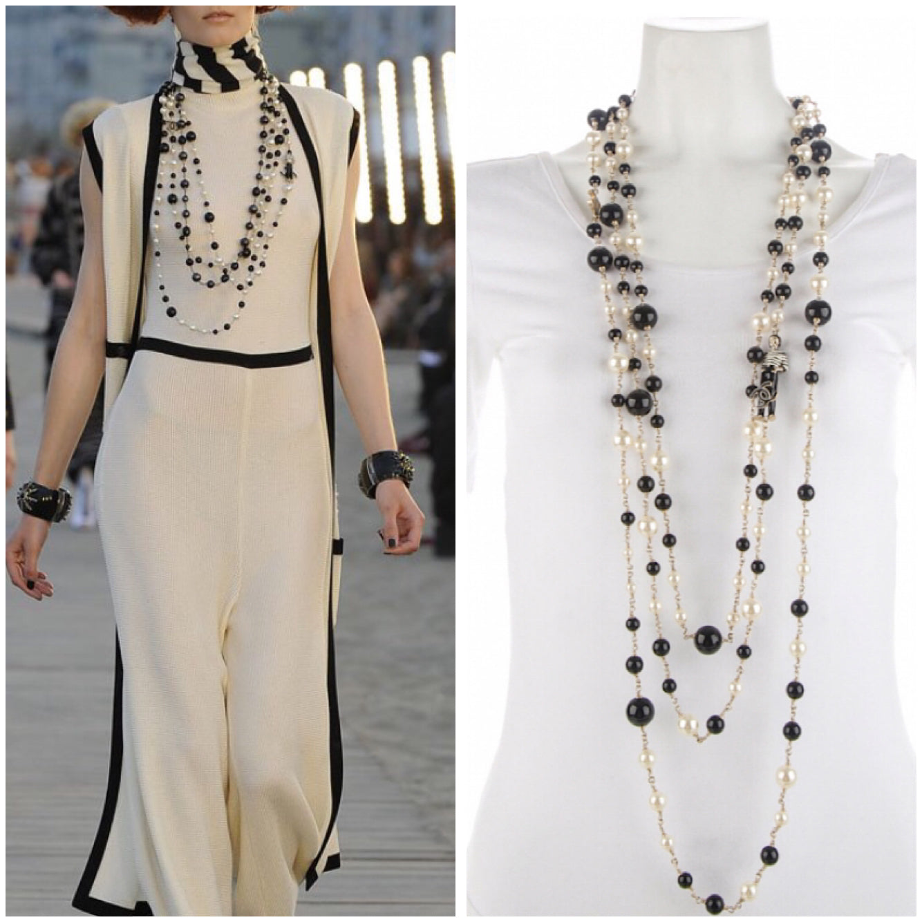 Rare Chanel 100th Anniversary 2010 Cruise 10C Black White Gold Pearl Coco Figure Sautoir 3 Strand Long Necklace