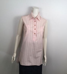 Vintage Chanel 02P, 2002 Spring pink brown pinstripe Cotton Sleeveless Blouse Tunic Top FR 36 US 6