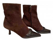Load image into Gallery viewer, Chanel Dark Brown Kitten Heel Suede Lizard embossed Ankle Boots EU 37.5 US 7/7.5