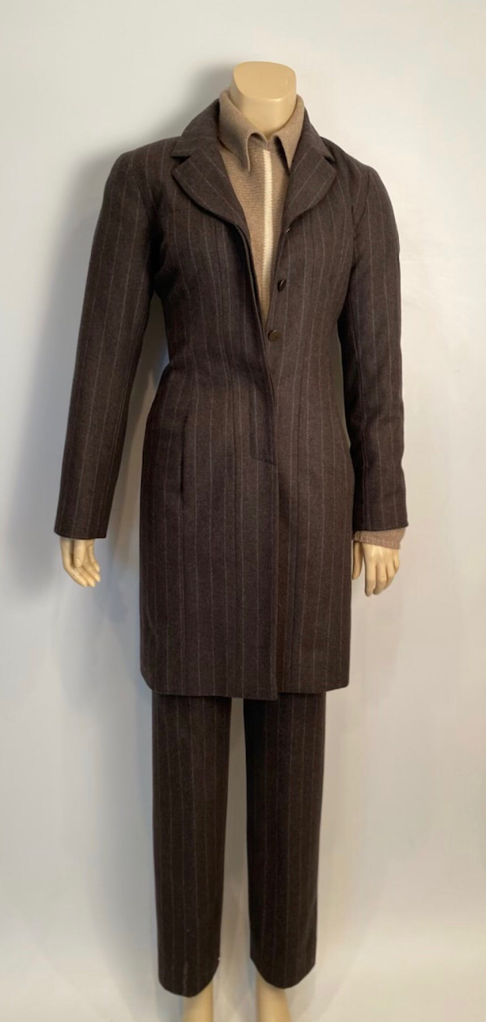 Vintage Chanel Identification 99A, 1999 Fall Gray Brown Pinstripe Pant Suit Set FR 34 US 2