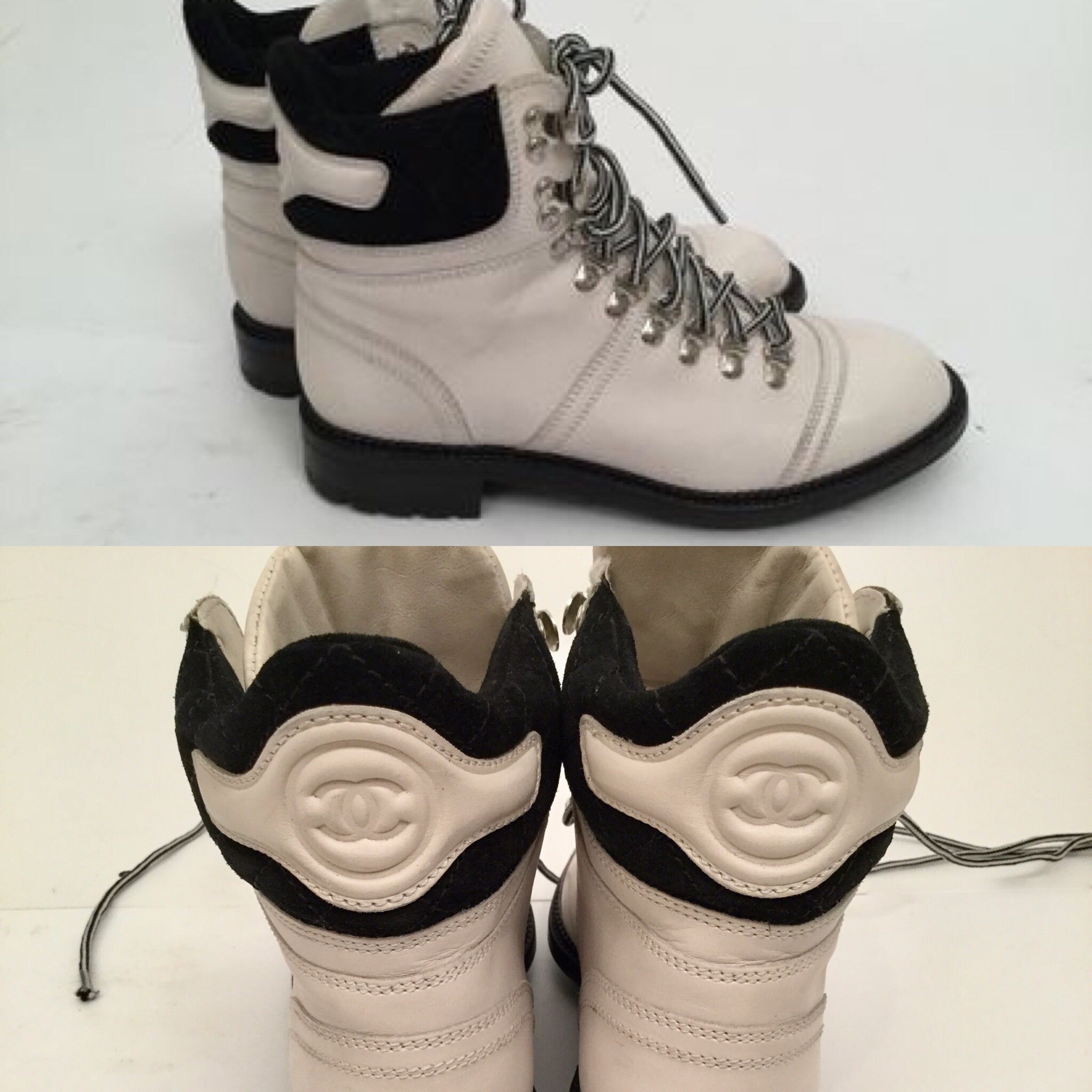 Chanel White/Black Fabric/Leather CC Chain Logo Cap Toe Lace Up Boots – HG  Bags Online