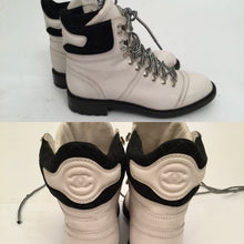 Load image into Gallery viewer, Chanel Black White Logo Lace Up Fall Winter Combat ankle Boots EU 36.5 US 6