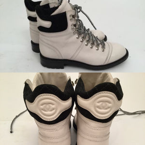 Chanel Black White Logo Lace Up Fall Winter Combat ankle Boots EU 36.5 US 6