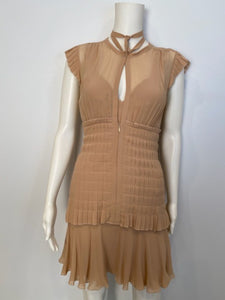 Vintage 2002 Chanel 2 piece beige silk chiffon pleated accordion dress set US 6