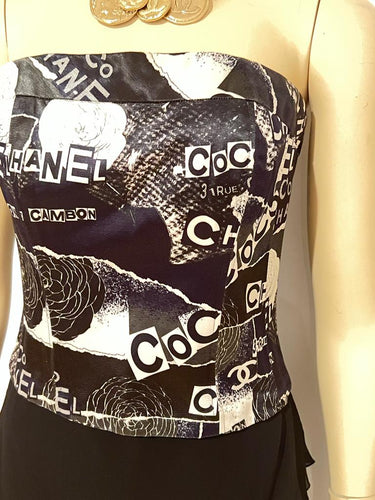 RARE Chanel Coco, 1 Rue Cambon 2020 Fall 20A Iconic Logos Graffiti Black/Blue/White Satin Corset Bustier Camisole FR 40 US 4/6