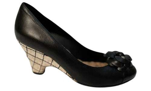 Chanel Black Strap Sandal Heels Pearl Trim EU 37.5 US 6.5/7 Narrow