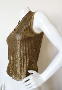 Vintage Chanel 01C 2001 Cruise Resort Sleeveless Gold Metallic Collar Polo Top Blouse FR 34 US 2/4
