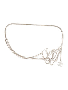 Rare 06C, 2006 Cruise Chanel cursive letters multi strand silver tone belt necklace 38” long