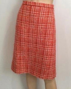 97P, 1997 Spring Vintage Chanel Boutique Orange Plaid Wool Tweed Jacket Blazer Skirt Suit Set US 8/10