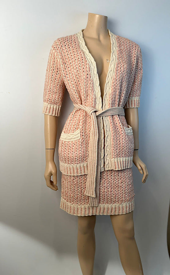 HelensChanel Chanel 18p 2018 Spring Pink Ivory 3 PC Woven Cardigan Skirt Belt Skirt Set FR 36 US 4/6