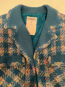 93P, 1993 Spring Rare Chanel Vintage Turquoise Pink Tweed Jacket FR 40 US 4/6