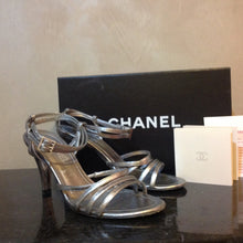 Load image into Gallery viewer, Chanel 05P 2005 Spring Metallic Silver Pewter Strap Sandal Leather Heel Pumps EU 36 US 5.5