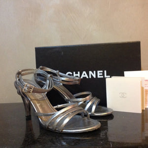 Chanel 05P 2005 Spring Metallic Silver Pewter Strap Sandal Leather Heel Pumps EU 36 US 5.5