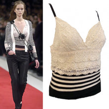 Load image into Gallery viewer, Chanel 05P, 2005 Spring Spaghetti Strap Camisole Lace Crochet Striped Top Blouse FR 38