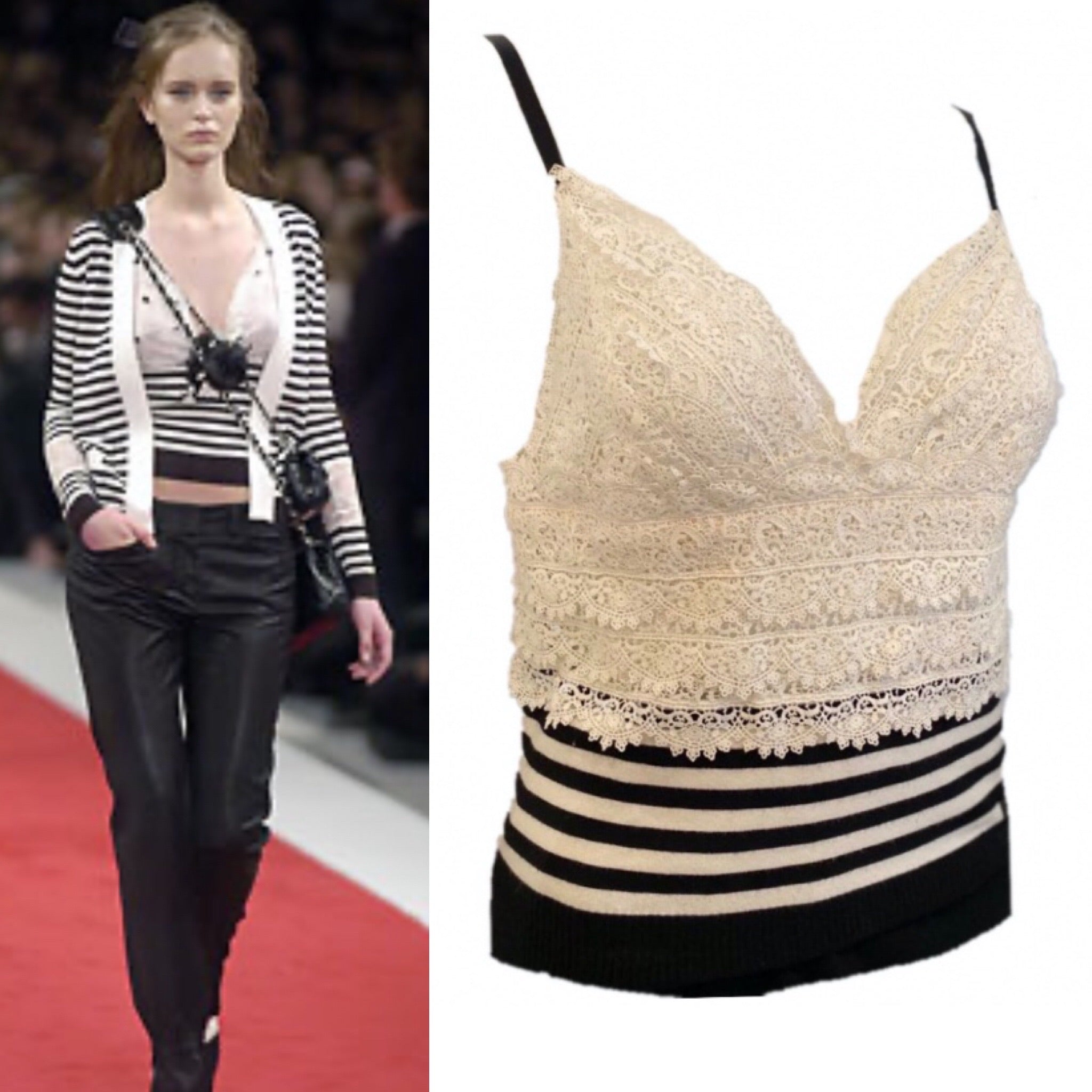 HelensChanel Chanel 05p, 2005 Spring Spaghetti Strap Camisole Lace Crochet Striped Top Blouse FR 38