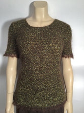 Load image into Gallery viewer, Vintage Chanel 98A, 1998 Fall tweed wool pullover short sleeve olive mohair sweater top blouse FR 42 US 6/8/10