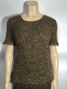 Vintage Chanel 98A, 1998 Fall tweed wool pullover short sleeve olive mohair sweater top blouse FR 42 US 6/8/10