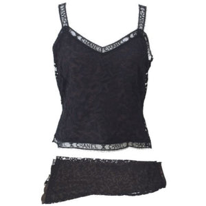 Rare! Chanel Vintage 98A Fall Logo Black Lace Tank top Blouse Camisole Skirt Set FR 38 US 4