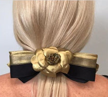 Load image into Gallery viewer, Chanel 12P, 2012 Spring Black Gold Camellia Flower Barrette Hair Accessory Clip