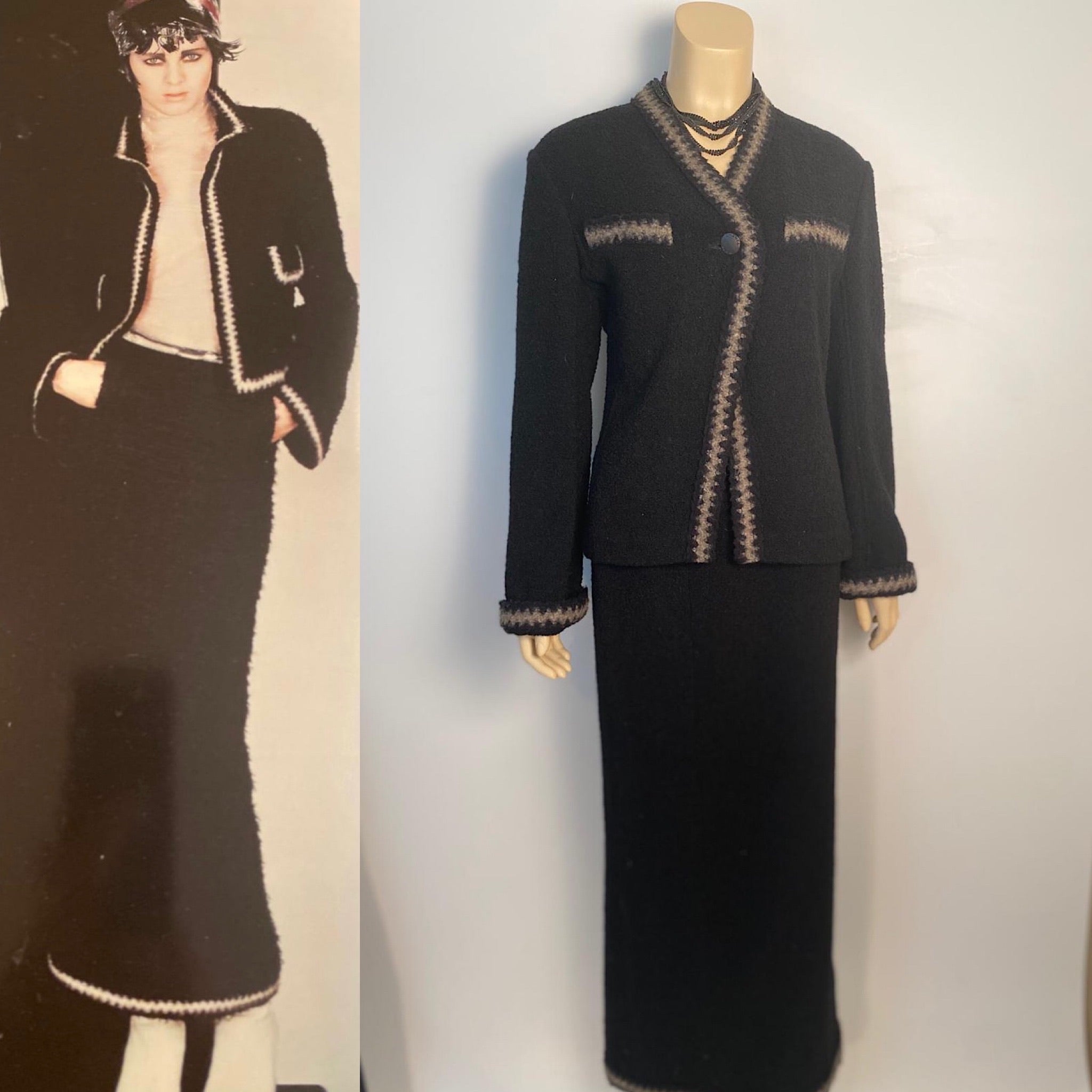 1980s Chanel Navy Wool Vintage Skirt Suit w/ Long Jacket Size 10 – Modig