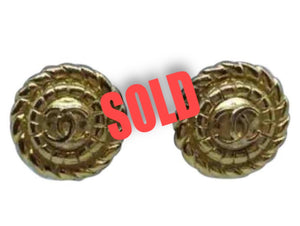 1989 Chanel Vintage Clip on Round Gold Metal CC logo Earrings