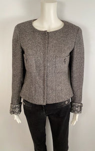 Chanel 08A 2008 Fall Collarless Herringbone Jacket with removable Cuffs FR 40 US 4