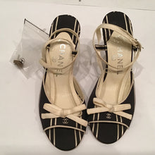 Load image into Gallery viewer, Chanel Vintage Canvas Wedge Heels Black Ecru Ivory bow strap sandals EU 35 Sz 4/4.5