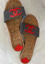 Load image into Gallery viewer, Chanel Stripe denim Summer Slides Orange CC Cork Sandals EU 39.5 US 8.5/9