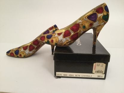 Chanel Iconic Camellia Black & Gold CC Slingback Heels (US 8.5 / IT 39) —  sororité.