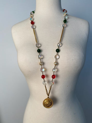 Chanel 98P 1998 Spring Vintage Gripoix Pearl Gold Metal Long Logo Necklace