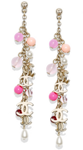 Chanel 19S 2019 long pierced CC pink bead Pearl dangle earrings –  HelensChanel