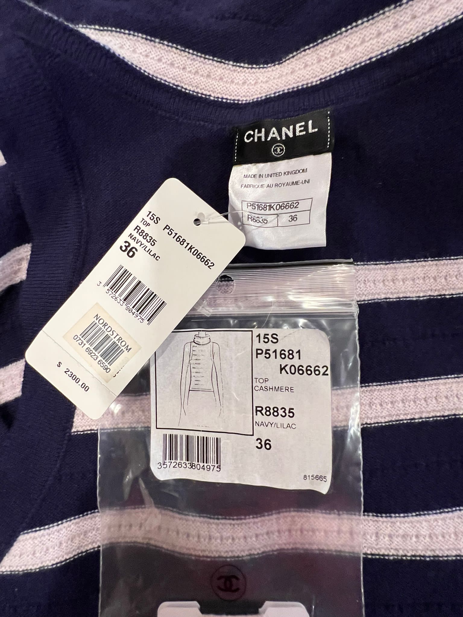 HelensChanel Nwt Chanel 15s 2015 Summer Cashmere Navy Blue Lilac Stripe Sleeveless Turtleneck Sweater Top Blouse FR 36 US 4